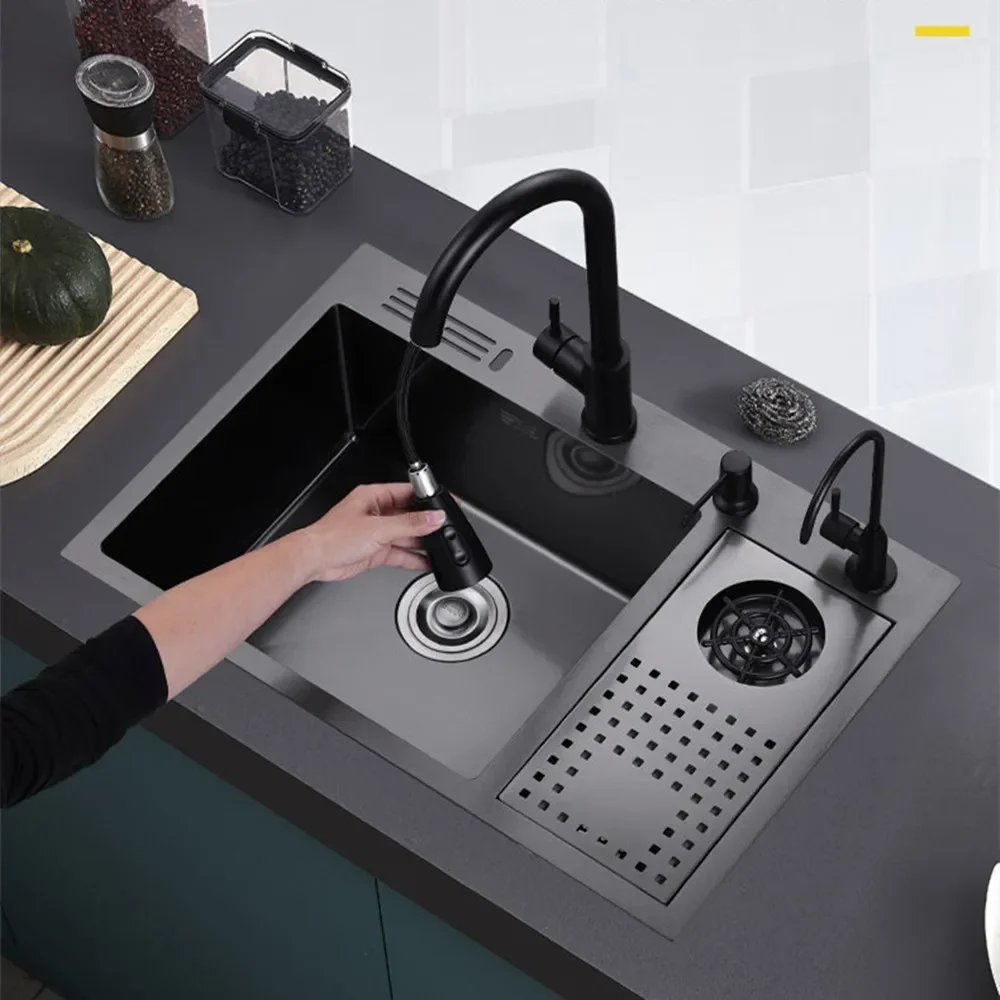 Nano Kitchen Sink 304 Stainless Steel High-Pressure Cup Washer Sink Knife Holder Large Single-Slot Household Cleaning Countertop 2