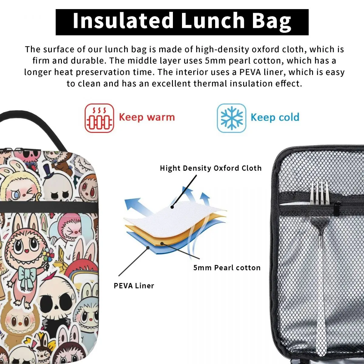 Labubu Insulated Lunch Bags Food Bag Portable Thermal Cooler Lunch Box For Work
