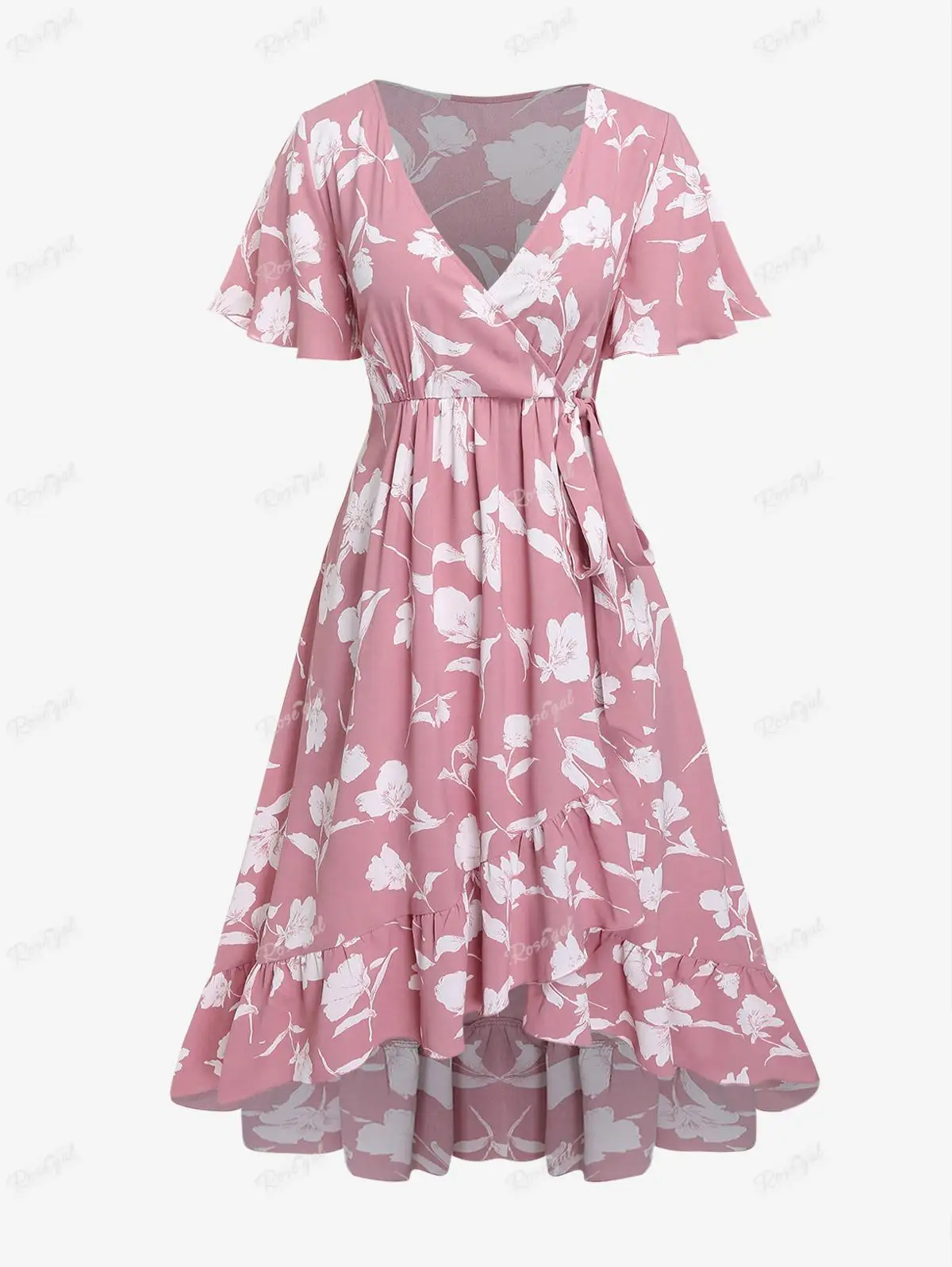 ROSEGAL Plus Size 3D Flower Printed Surplice Dress Light Pink Women Summer  Casual V Neck Midi Dresses Vestidos 5XL