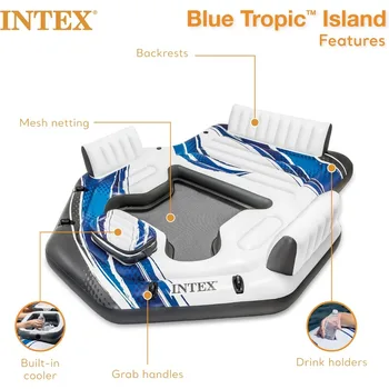 Intex Blue Tropic Inflatable 5 Person Raft or Swimming Pool Island Water Floating Lounger Raft with Backrests, Built in Cooler 4