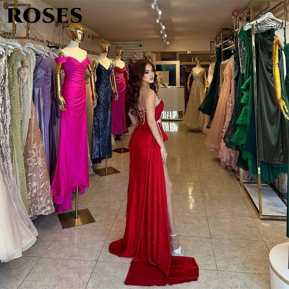 ROSES Fashion Red Evening Dress One Shoulder Trumpet Satin Party Dress With Glitter Beaded 프롬드레스 Sexy Side Split Prom Dress