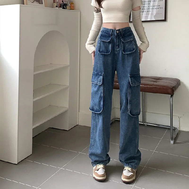 

Multi Pocket Women's Cargo pants Y2K Vintage High Street Fashion High Waist Harajuku Jeans Couple Simple Casual Wide Leg Pants