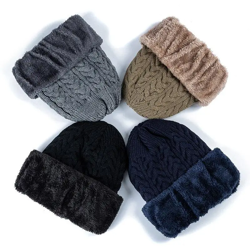 Hot Sale Unisex Thicken Winter Hat Keep Warm Plush Fur Lined Cap Stylish Beanie Hats For Men Women Outdoor Knitted Hat