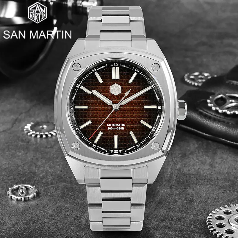 

San Martin Luxury Vintage Men Automatic Mechanical Wristwatch Gradient Checkered Dial Diver Classic Dress Sports Men Watch 10Bar