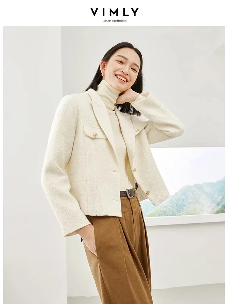 Vimly Apricot Elegant Cropped Tweed Jackets 2023 Autumn Blazers Woman Office Lady Straight Single Breasted Female Clothing M2922 vimly professional blazers suit jacket for women office ladies 2023 female three quarter sleeve solid business work blazers