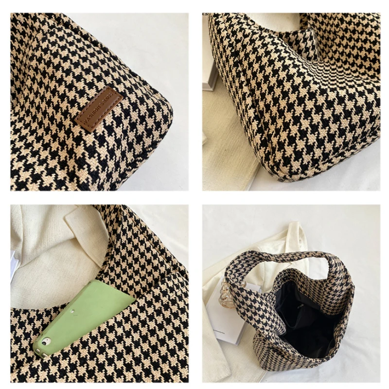 New Fashion Women Canvas Shoulder Bags Houndstooth Pattern Cloth Fabric Tote Large Handbag INS Cute Shopping Bag For Ladies