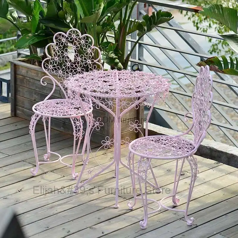 Wrought Iron Pink Garden Table And Chairs Outdoor Iron Balcony Table And  Chair Three-Piece Set Outdoor