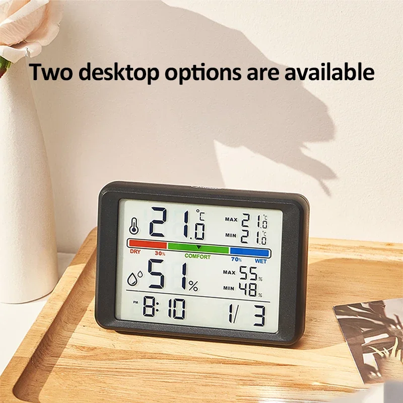 ساعة منبه خفيفة مع مستشعر درجة الحرارة والرطوبة وحامل رطوبة/مغناطيس/ساعة مطبخ معلقة وإضاءة خلفية لسطح المكتب