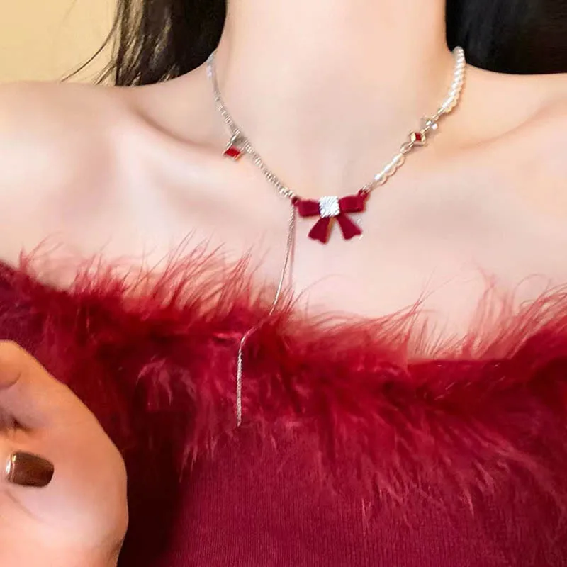 Bow Pearl Chain, Patchwork Necklace For Women, Zircon Necklace, Clavicle Chain Femme Jewelry Girlfriend Gift Cute