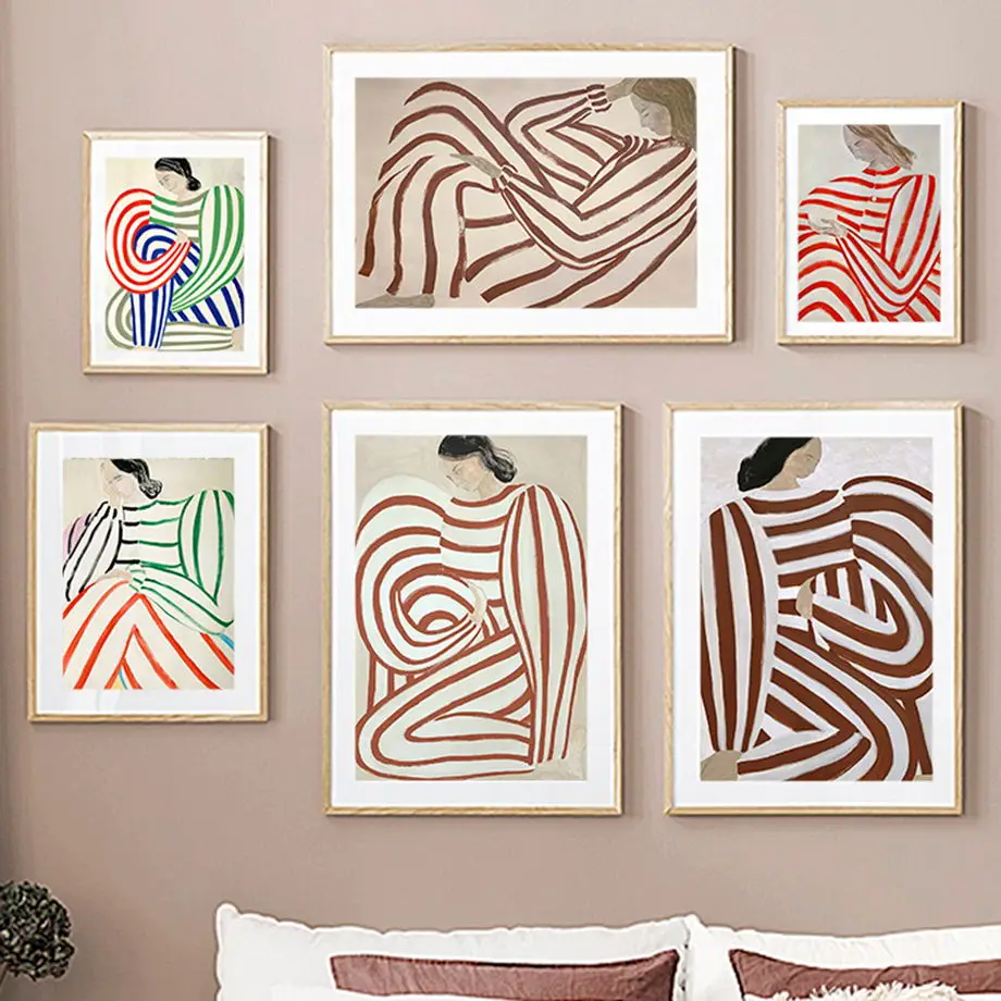 

Sofia Lind Striped Pajamas Girl Vintage Lines Poster Nordic Wall Art Print Canvas Painting Abstract Pictures For Bedroom Decor