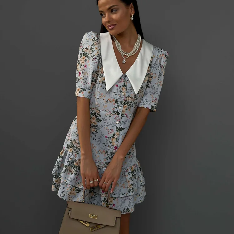Printed Ruffled V-Neck Mini Dress Female Short Sleeve Fashion Slim High Waist Elegant Party Dress Women's Summer Dress New