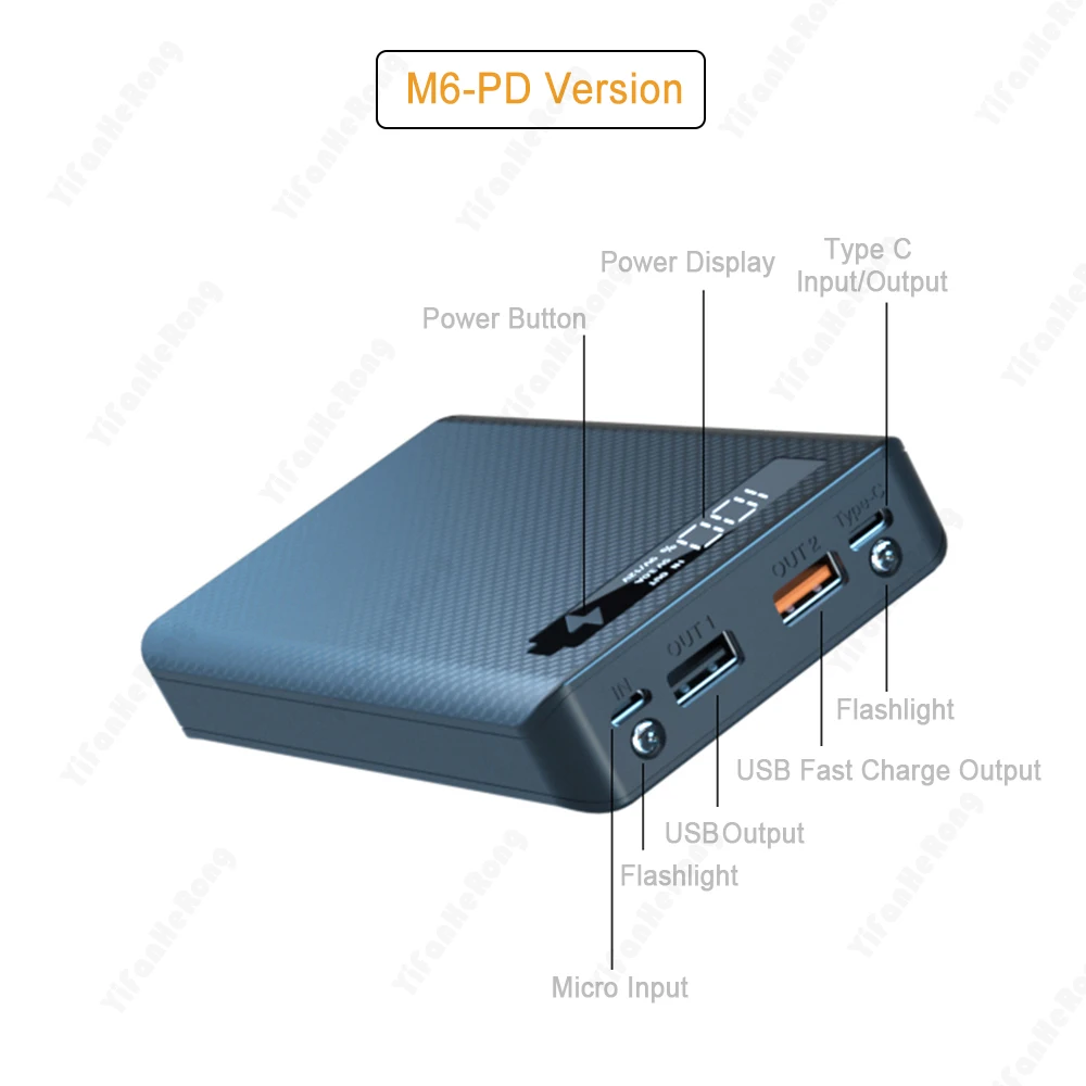 빠른 충전 버전 분리형 파워 뱅크 케이스, 듀얼 USB 휴대폰 충전, QC 3.0 PD DIY 쉘 18650 배터리 홀더, 6*18650