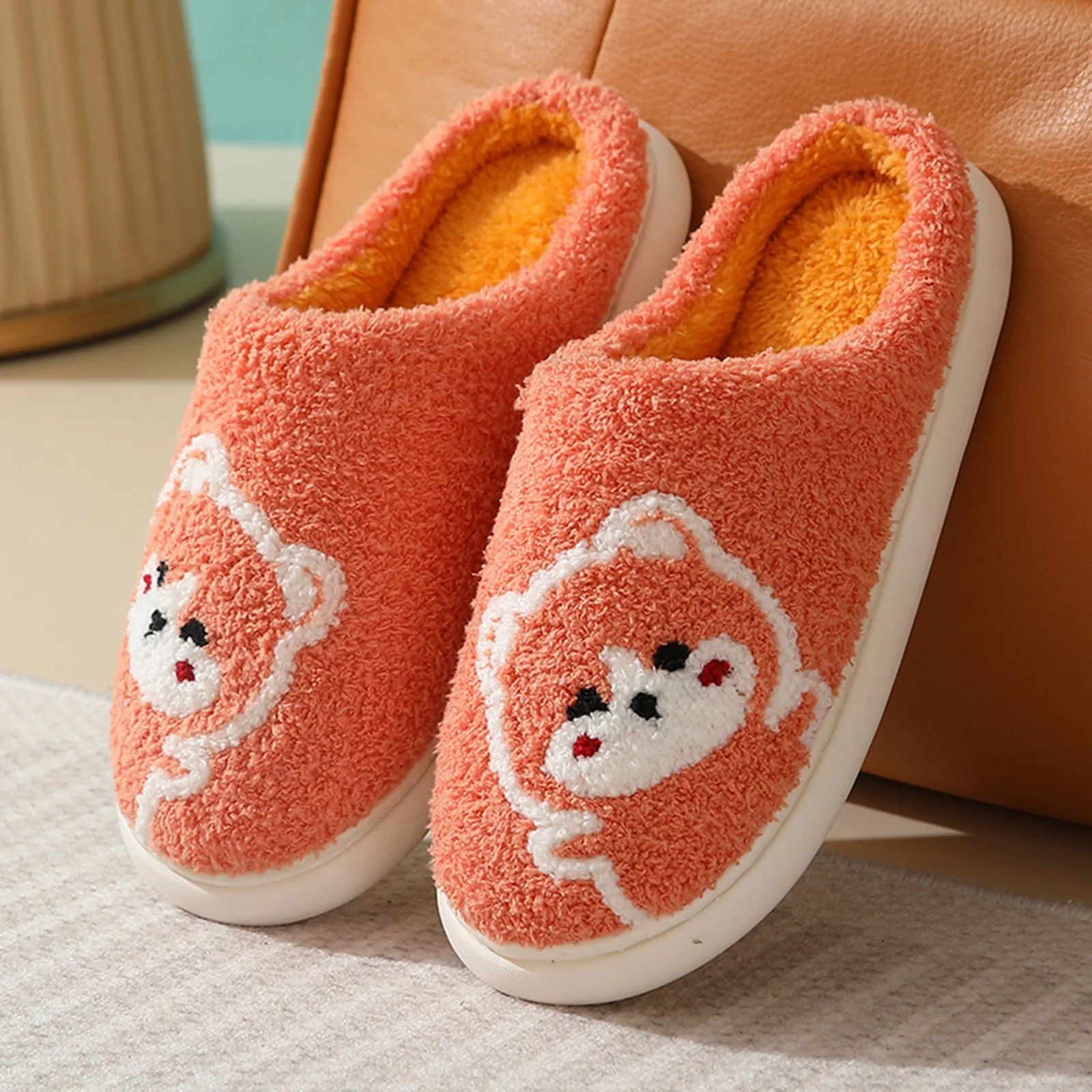 

Cute Dog Non-Slip Floor Shoes Unisex Slippers Warm Plush Home Slipper Autumn Winter Shoes Woman House Flat Floor Soft Slides