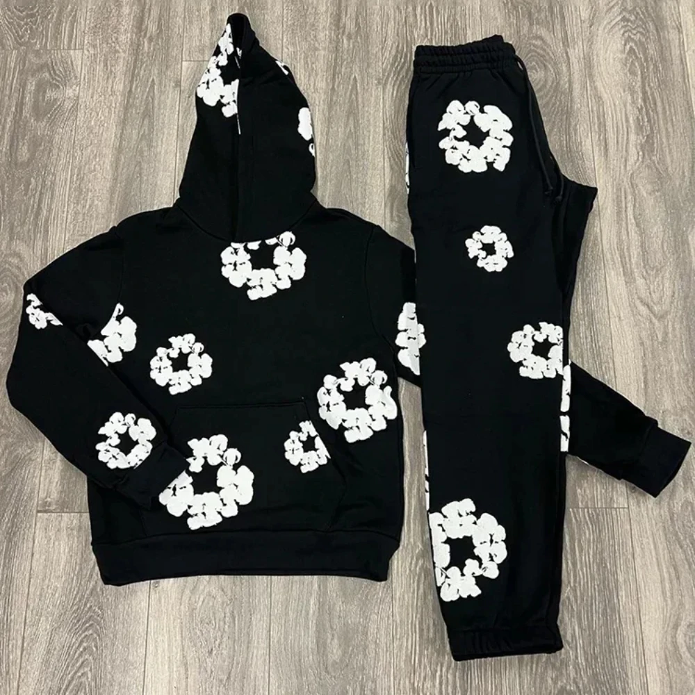 Harajuku street winter thickened kapok sweatshirt set  American high street men and women casual loose y2k hoodie Woman clothing