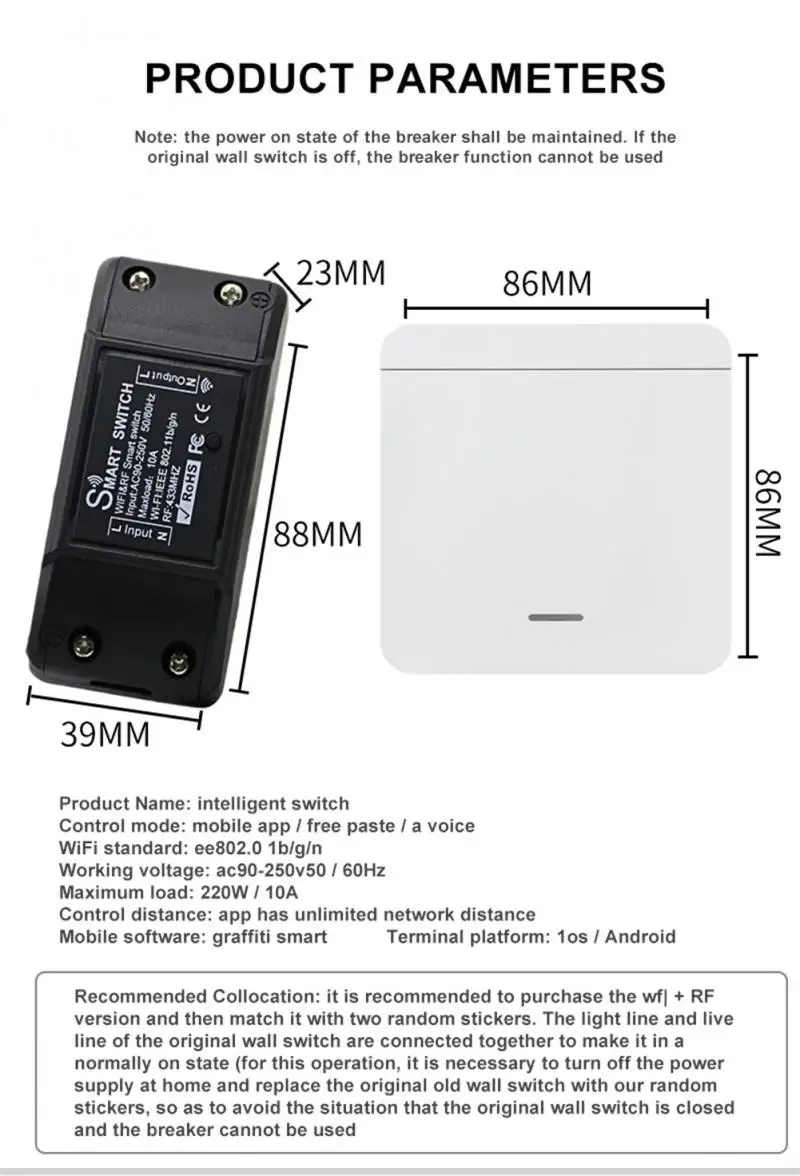 Aubess Smart Switch WiFi + RF 433 Single Circuit Breaker 100-245v Mini Dual Control WiFi Remote Control Switch Max 2200W/10A