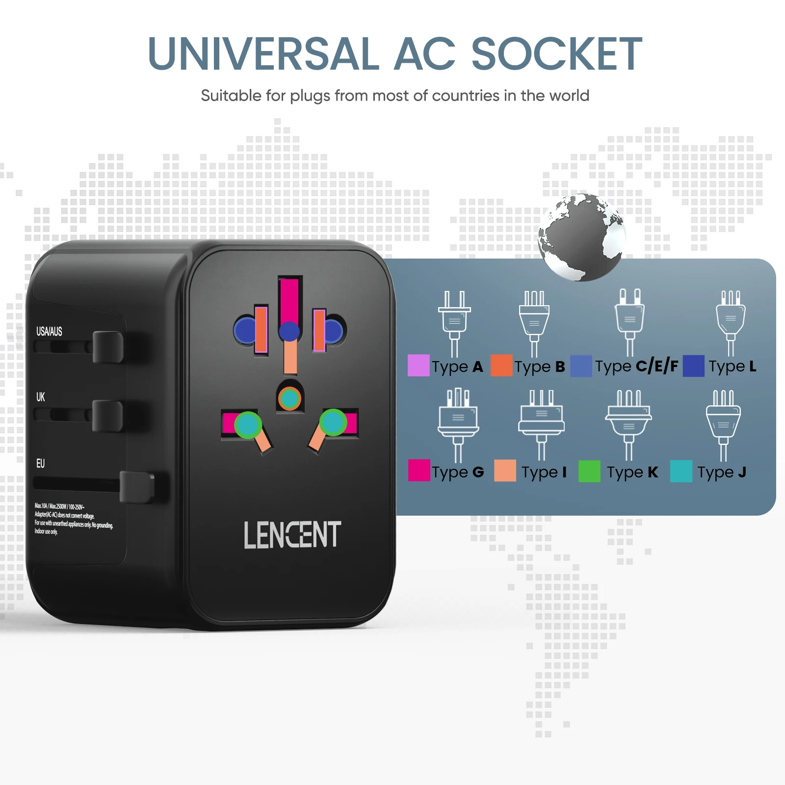 LENCENT Universal Travel Adapter 2 USB Ports 3 Type C 30W Fast Charging Power Adapter 2500W EU/UK/USA/AUS plug Travel