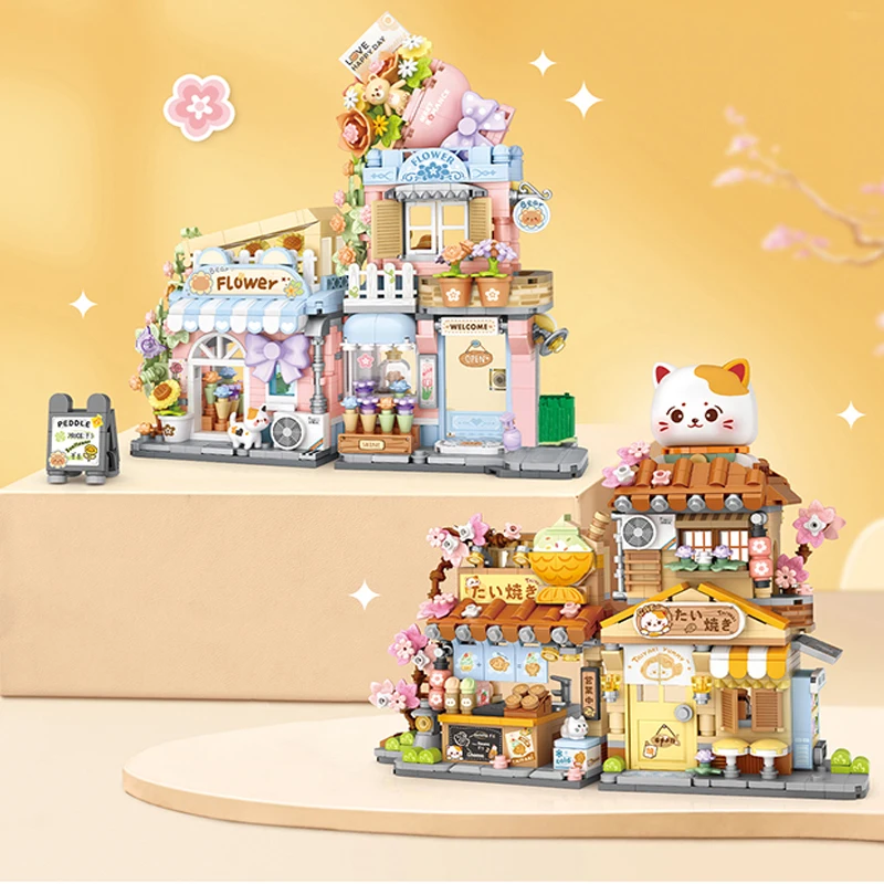 Creative Mini city streetscape Architectural decoration Food and Drink shop Campervan Folding blocks Children's Christmas gift 3