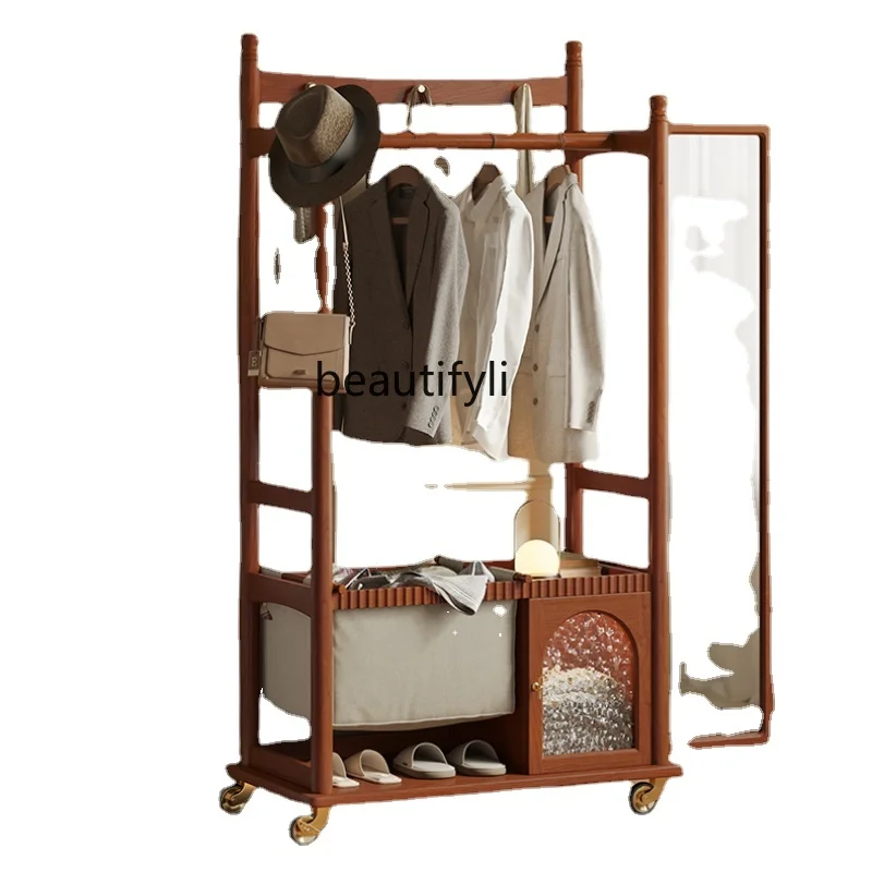 

French Retro Coat Rack Floor Home Multifunctional Hanger Bedroom with Mirror Clothes Storage Rack