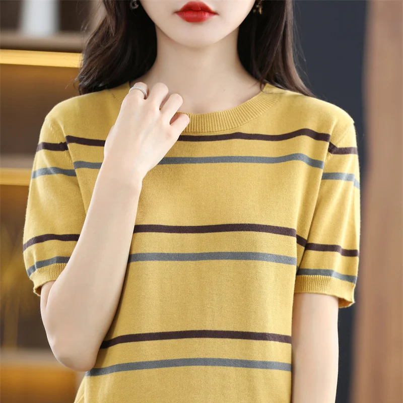

Summer New Short-sleeved Women O-Neck Slim 100% Cotton Striped Pullover Vest T-shirt Knitted Base Casual Comfortable Sweater