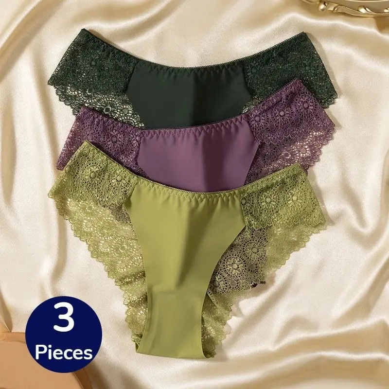 Women Panties 3PCS/Set TrowBridge Sweet Silk Satin Underwear Lace Sexy Lingerie Girls Breathable Briefs Soft Comfortable