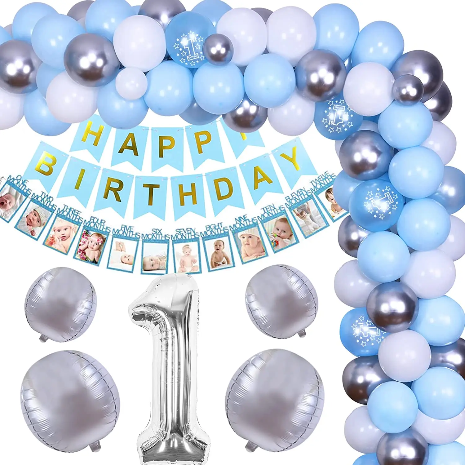 

JOYMEMO 1st Birthday Decorations for Boys Blue Balloon Garland Kit Happy Birthday Photo Banner for First Birthday Party Supplies