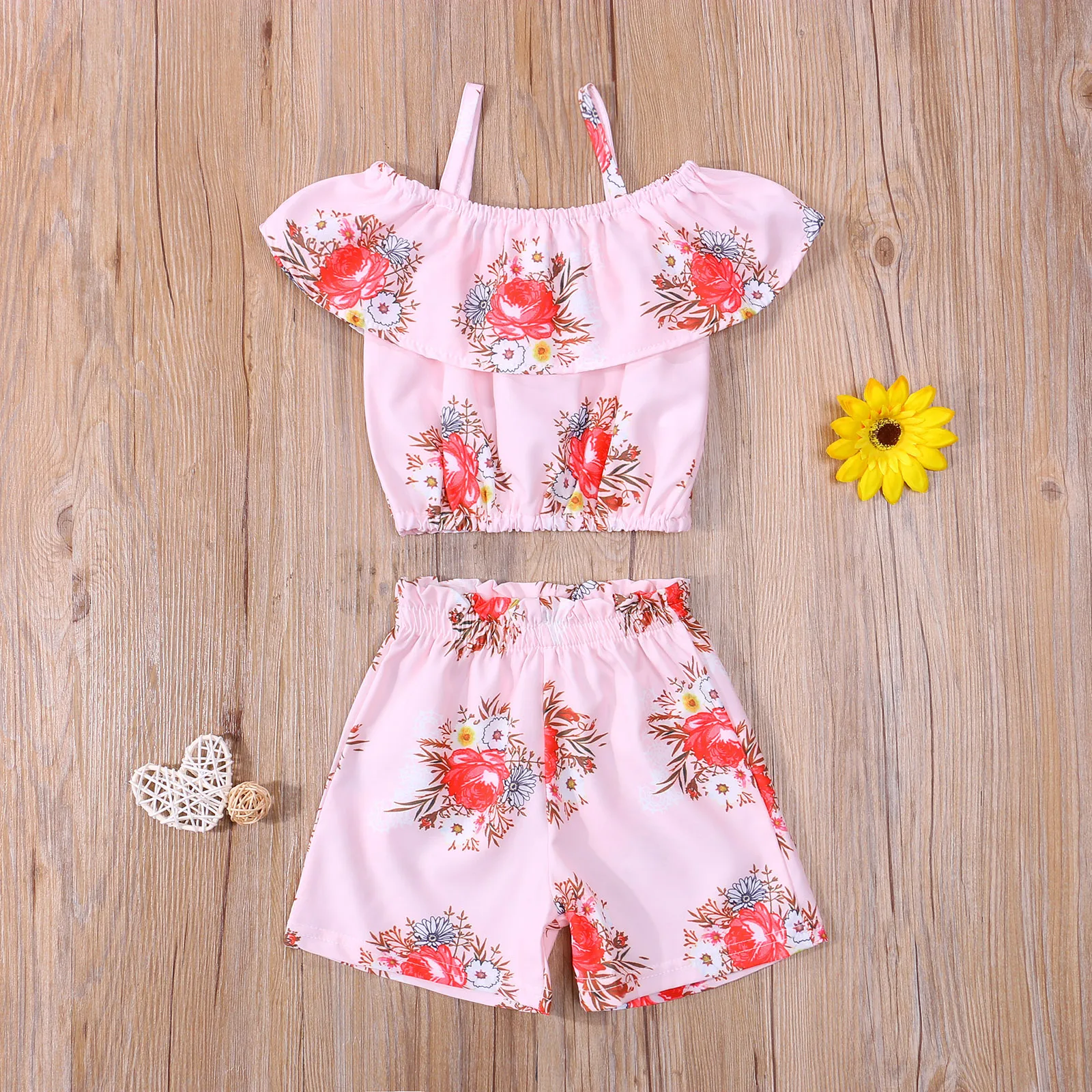 1-6 Year Old Toddler Baby Girl Clothes Watermelon Sunflower Print Ruffle Drop Shoulder Strap Top Shorts 2-Piece Summer Set kids clothing set,girls clothing set
