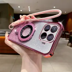 Magnetic Glitter Phone Case with Shockproof Lanyard Strap - Mi 17 Pro Max (Pink)