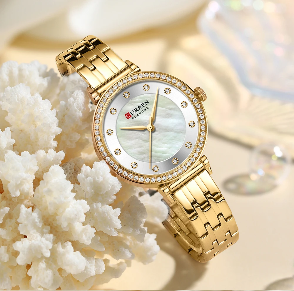 CURREN Luxury Slim Women's Watch Two Tone Stainless Steel Band Mother of Pearl Dial with Rhinestones Elegant Quartz Wristwatch