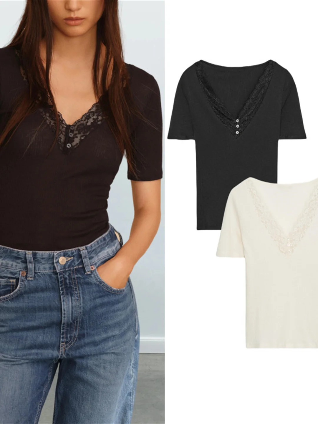 Faionable Lace Trim V-Ne ort Sve T-irt Women's Simple Sle Versatile Cotton Polyester Blend Commute Sle Regular...