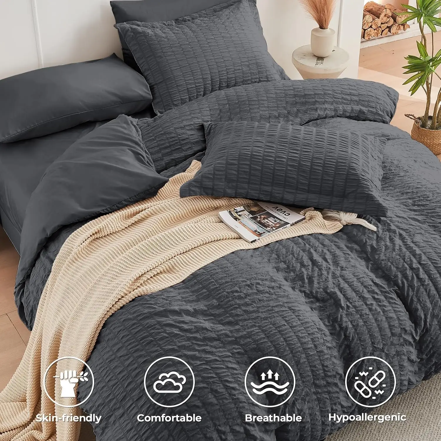 HYMOKEGE Queen Comforter Set Seersucker 7 Pieces, All Season Luxury Bed in a Bag for Bedroom, Bedding Set with Comforters 3