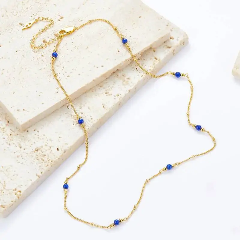 Silver Gold Plated Lapis Lazuli Pearl Sphere Chain Station Necklace