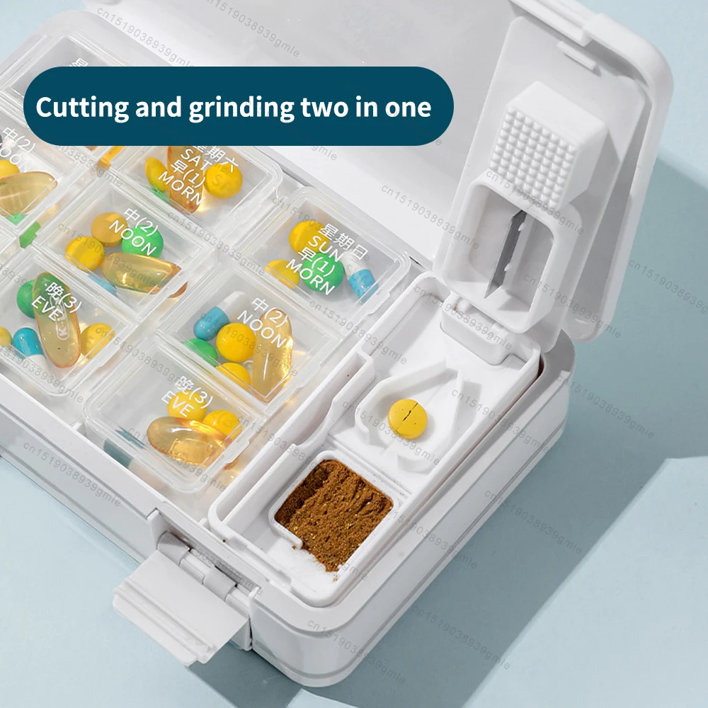 7 Day Weekly Pill Box Large Daily Pill Cases Pills Container with Dispenser and Grinder Medicine Storage Vitamin Organizer