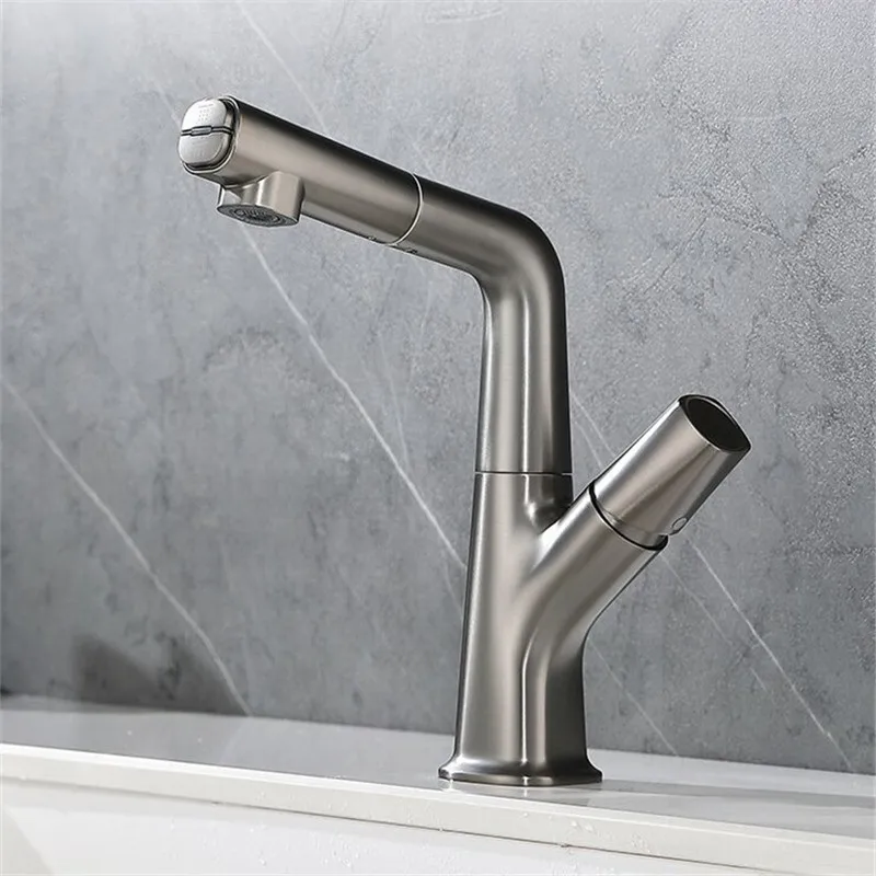 

Pull Out & Liftable Type Bathroom Basin Faucets Grey Brass Single Handle Hot & Cold Sink Mixer Taps Lavatory Crane Brushed Gold