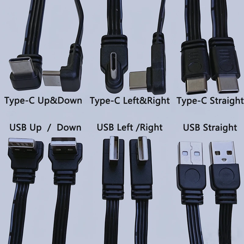 1PC USB A to Type-C 고속 충전 데이터 케이블 직선/위/아래/왼쪽/오른쪽 각도 플랫 실리콘 소프트 와이어 10-100cm