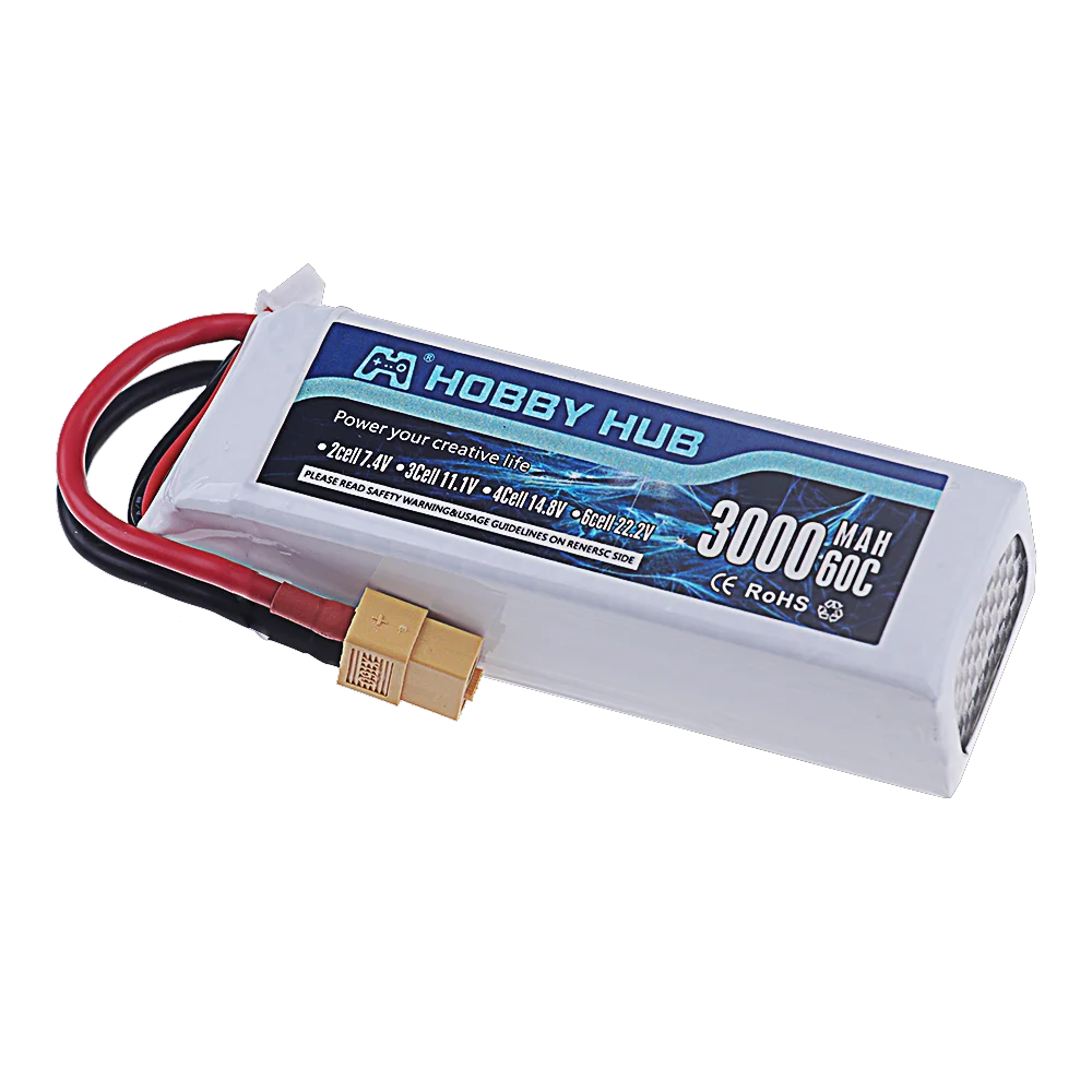 Batterie LiPo haute capacité 3400mAh à 7200mAh pour drone RC, avec étiquette indiquant les spécifications.