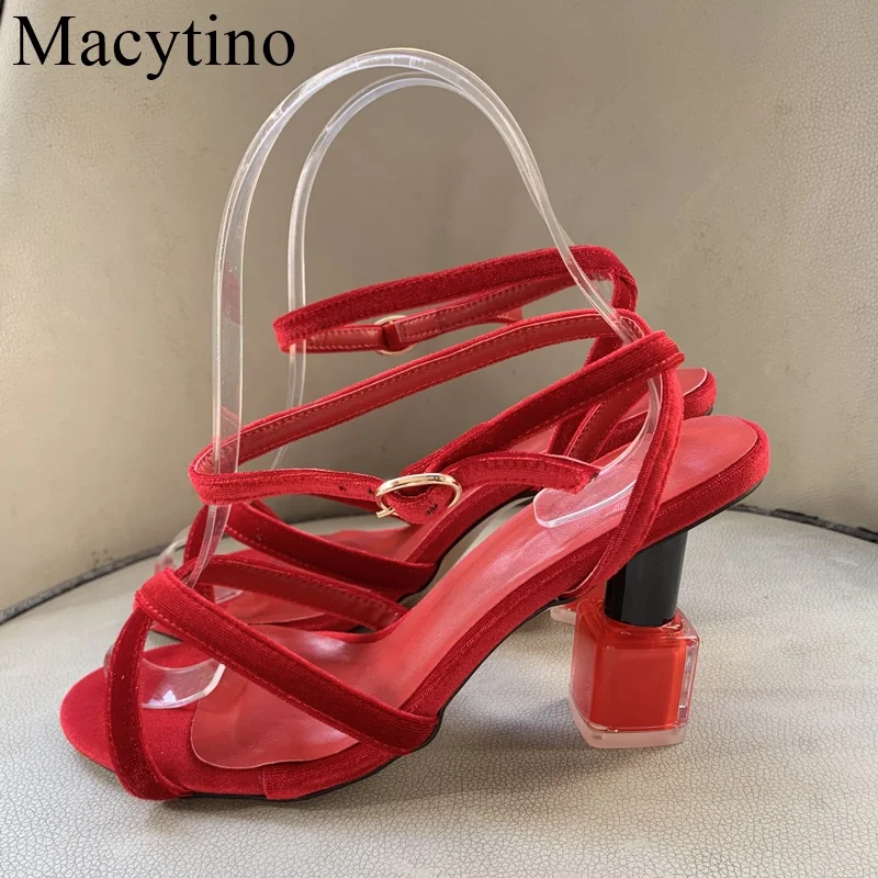 

Novelty Nail Polish Strange Heel Mules For Girls Sexy Narrow Band Genuine Leather Open Toe Slingbacks Women Sandals