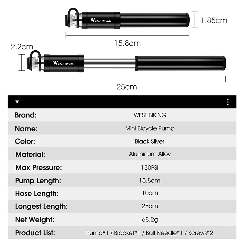 WEST BIKING Bicycle Pump 130psi Portable Presta Schrader Tire Inflator Ultralight Hand Air Pump Mountain MTB Road Bike Pump Bike