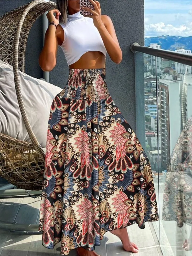 Gonna Lunga Maxi Donna Boho Floreale Con Vita Alta E Elastico, Leggera E Morbida