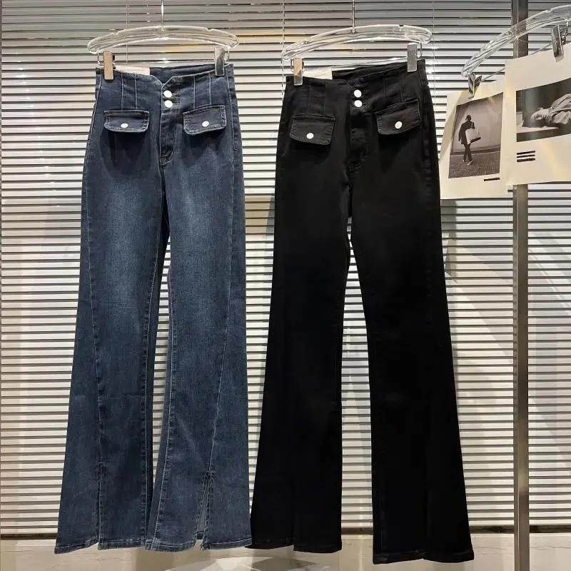 

Женские джинсы с двойным карманом, черные и синие джинсы с высокой талией, свободного покроя, в винтажном стиле, осень 2023