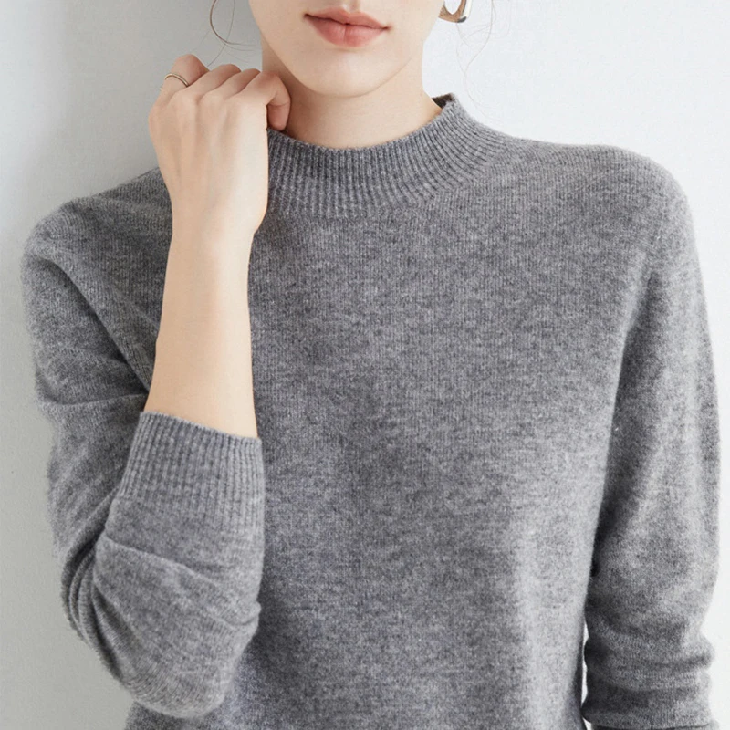 Autumn Woman Cashmere O Mock Collar Long-sleeved Slim Merino Pure Wool Soft And Warm Sweater Winter 2022