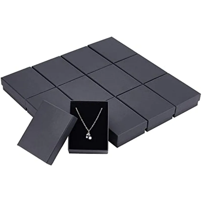 12 Stück schwarze rechteckige Schmuckschatullen, 3,5 x 2,8 x 1,2 Karton-Schmuckschatullen mit Schwamm im Inneren, Kraftpapier-Boxen zum Selbermachen