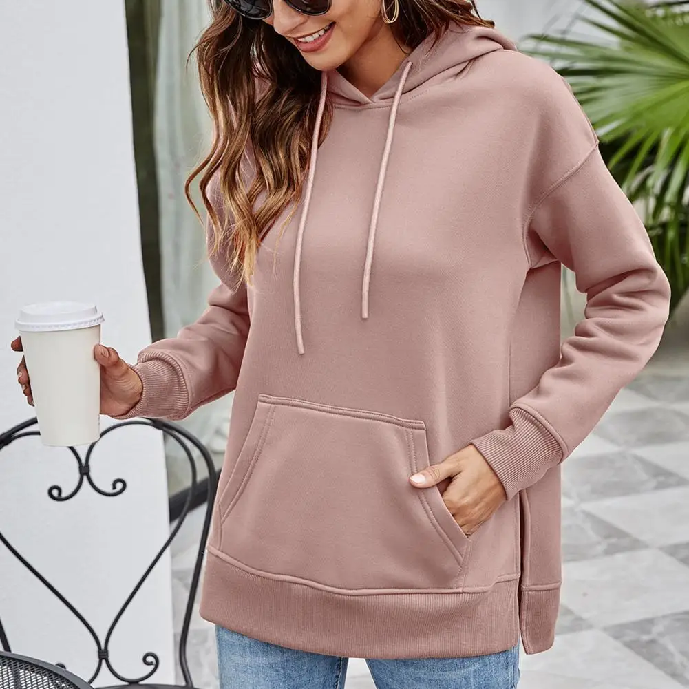 Women Hoodie Solid Color Drawstring Autumn Front Patch Pocket Side Split Jogger Sweatshirt Sportswear Pullover Tops худи kpop men s slim fit high neck sweater autumn and winter white base sweater versatile basic style мужская худи