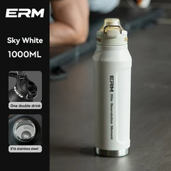 Insulated Stainless Steel Portable Sports Water Bottle with Handle - Keeps Drinks Hot or Cold - 0.7 - 1.5L (WHITE - 1000ML)