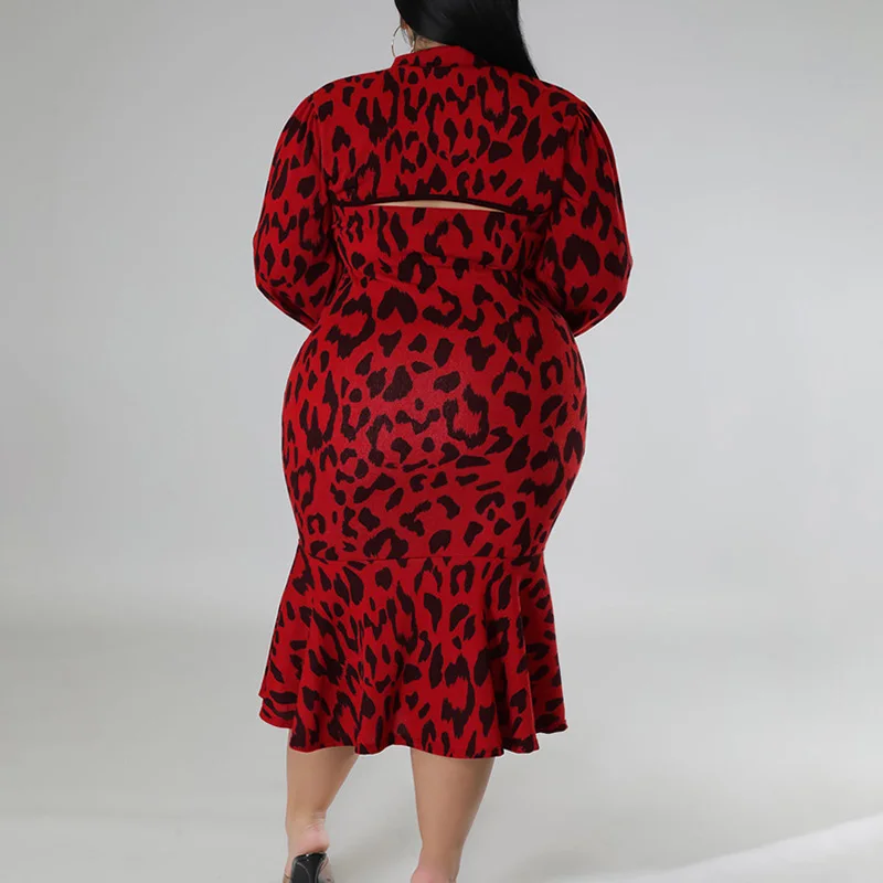 Lady Stand Collar Leopard Printing Lantern Long Sleeve Plus Size Hollow Out Slim Hem Splicing Ruffles Bag Hip Autumn Midi Dress