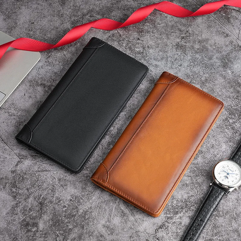 Retro Oil Wax Leather Men's Wallet RFID Blocking Long Cowhide Purse