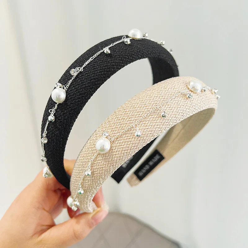 

Pearls Rhinestone Chain Decorated Headband for Women High End Hair Ornament Solid Padded Hairband Soft Sponge Head Band