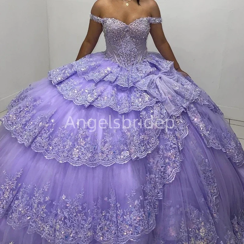 Angelsbride Bingbing Lavender Tiered Appliques Lace Quinnceanera Dress Ball Gown Brithday Party Vestidos De 15 Anos