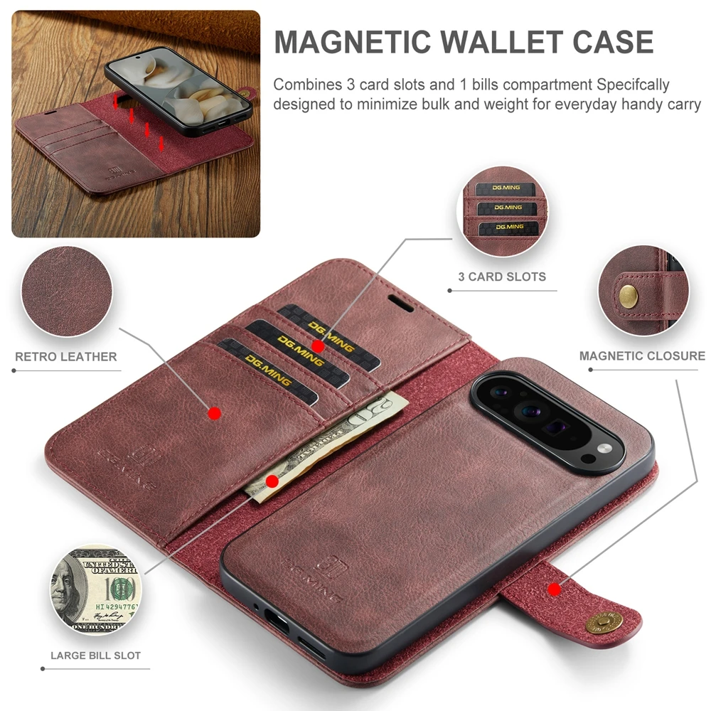 Magnetic Leather Wallet Case with Cash and Card Pockets