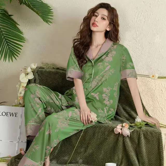 Silk Sleepwear Women Short Sleeve Top Pants Pajama Sets Luxury