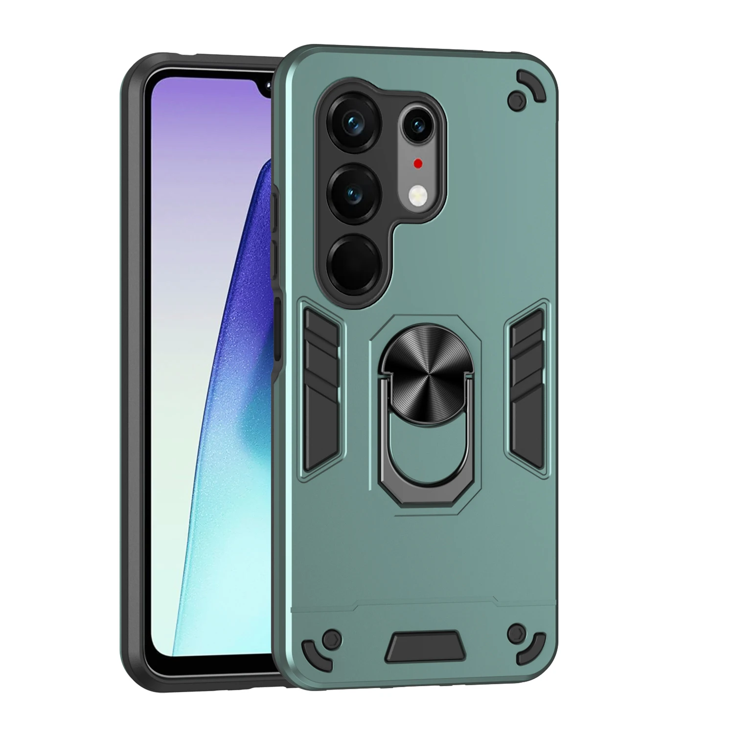 Rugged Armor Shockproof Phone Case with Magnetic Ring Holder and TPU Frame